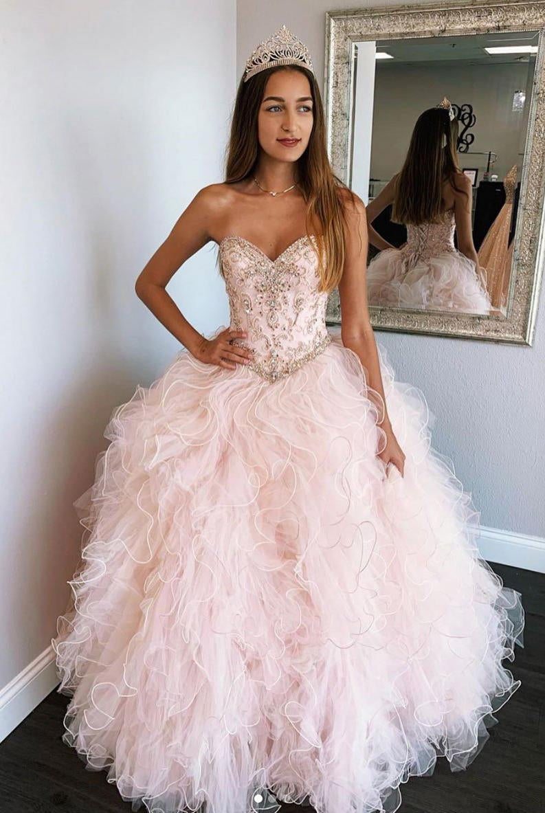 Pink Sweetheart Sleeveless Tulle Prom Dresses - KissProm