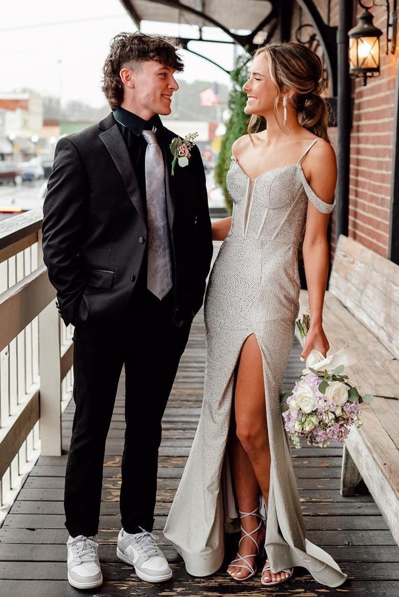 Rosemary | Cold Shoulder Black Beaded Slit Mermaid Prom Dress