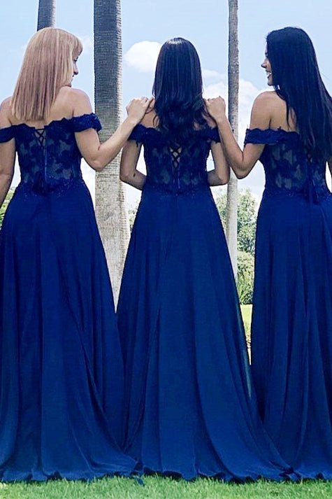 Indigo Lace Off - the - Shoulder A - Line Long Bridesmaid Dress - KissProm