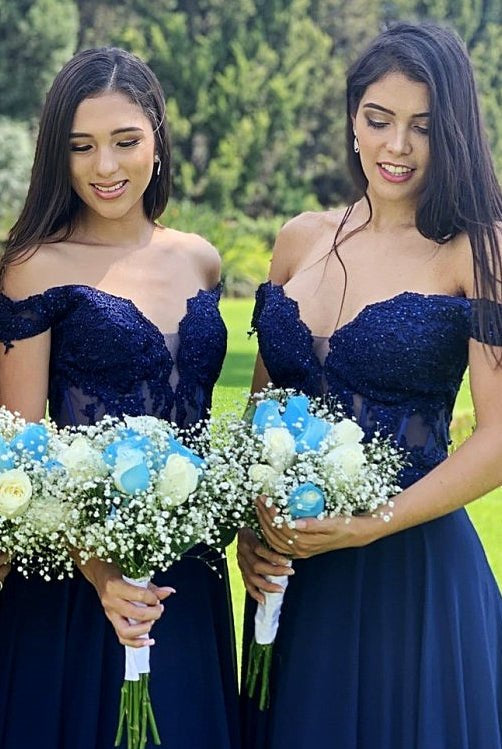 Indigo Lace Off - the - Shoulder A - Line Long Bridesmaid Dress - KissProm