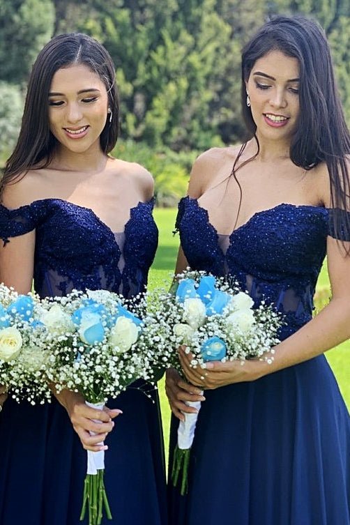 Indigo Lace Off - the - Shoulder A - Line Long Bridesmaid Dress - KissProm