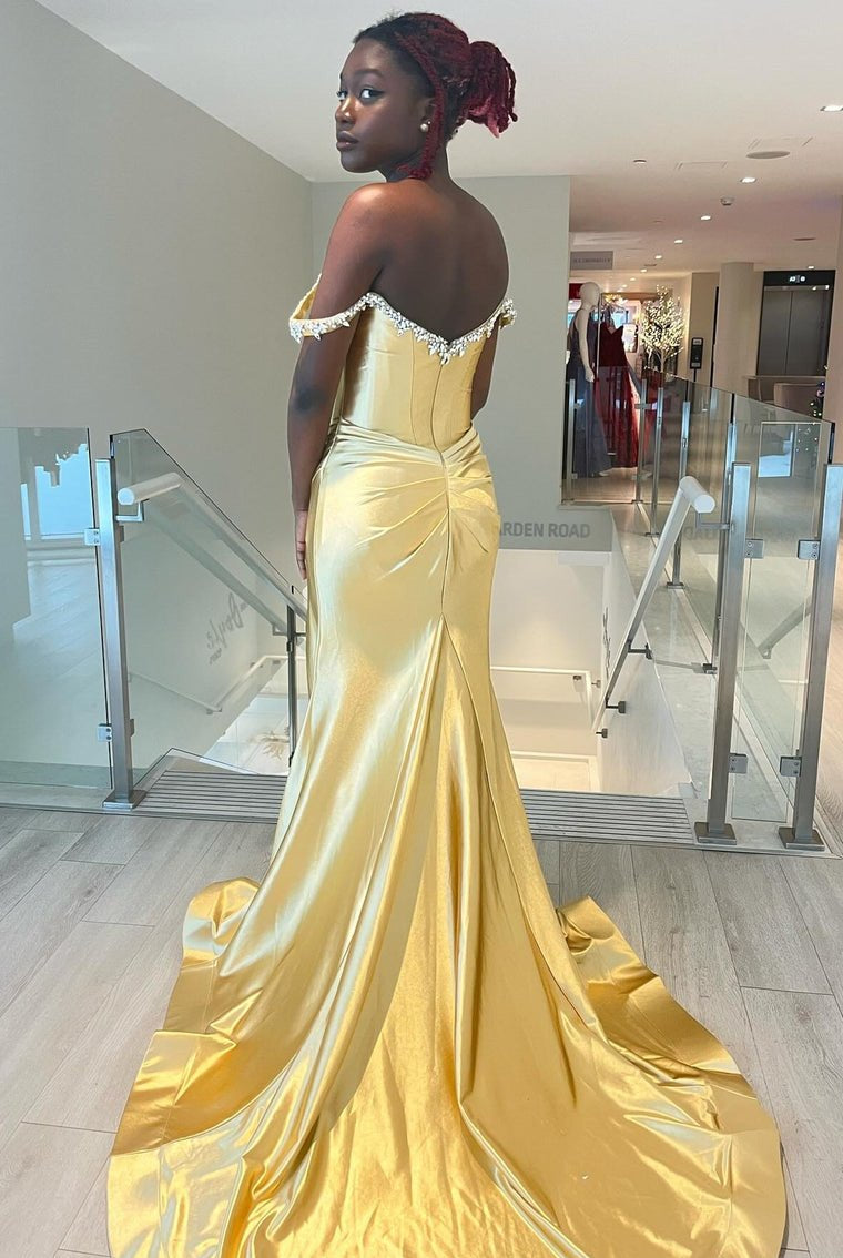 Bellamy | Mermaid V Neck Red Satin Slit Prom Dress with Beading