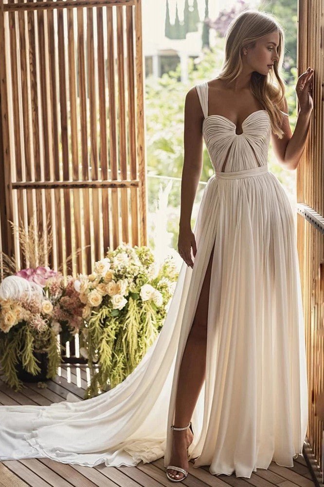 Bohemian A-Line Long Chiffon Sweetheart Wedding Dresses Champagne / Custom Size Bohemian A-Line Long Chiffon Sweetheart Wedding Dresses Champagne / Custom Size