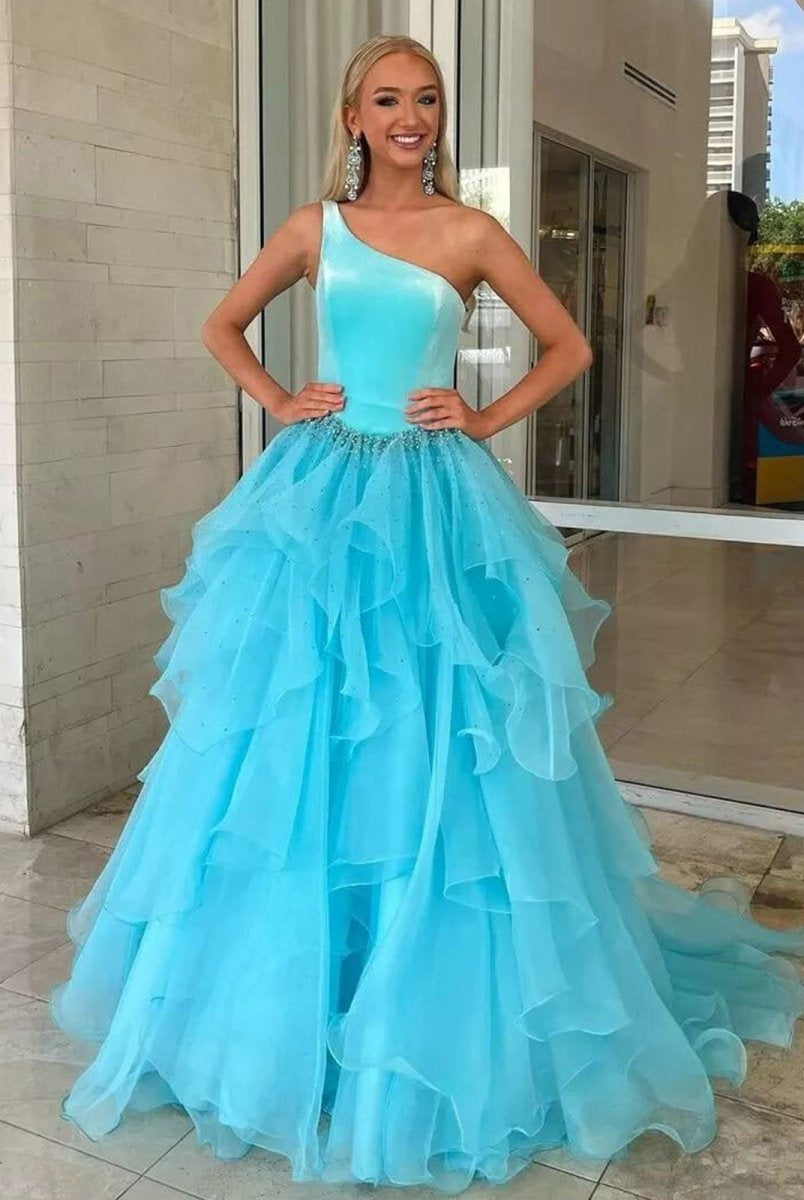 Belinda | Ruffle One Shoulder Royal Blue Velvet Top Long Formal Dress - KissProm