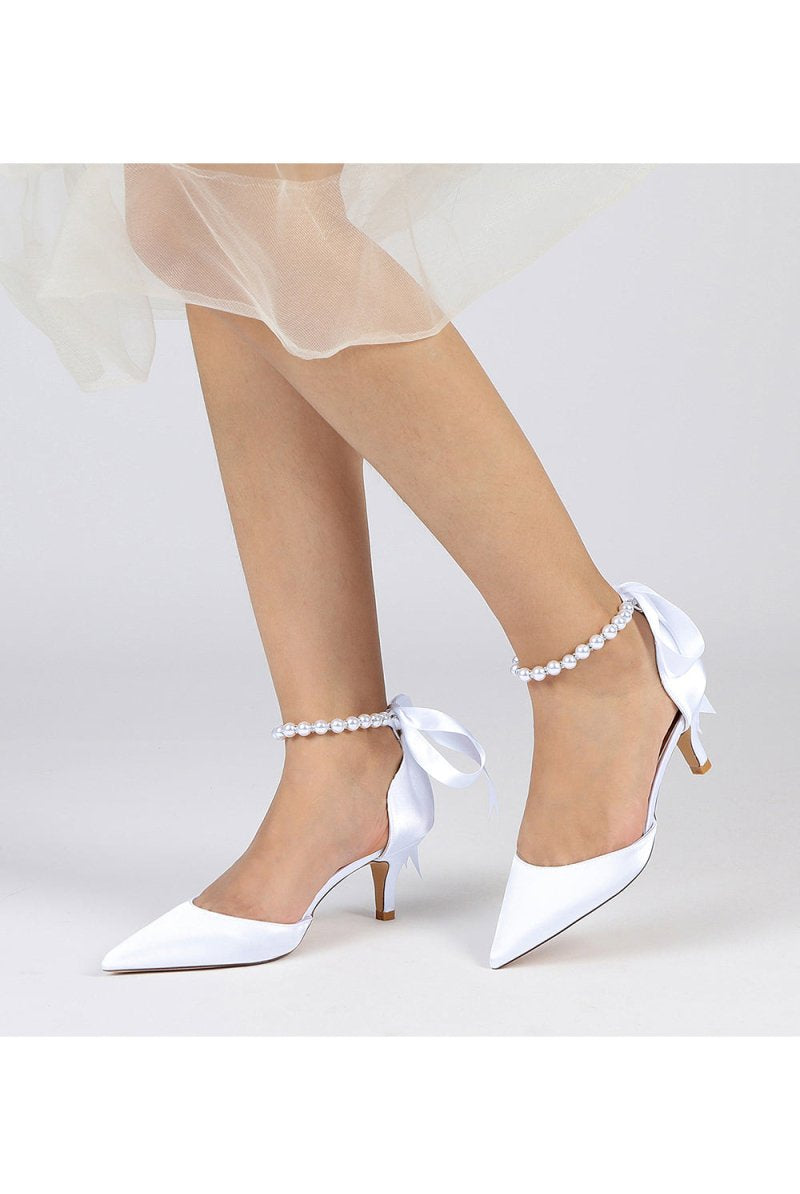 Pointed Toe Ribbons Faux Pearl Pumps - KissProm
