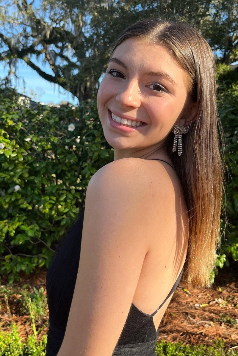 Adalyn | Black A-line Deep V Neck Cross Back Tulle Multi-Layers Long Prom Dress