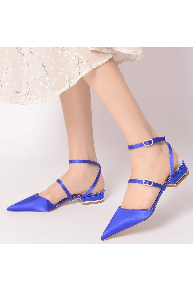 Simple Satin Pointed Toe Buckle Kitten Heels - KissProm