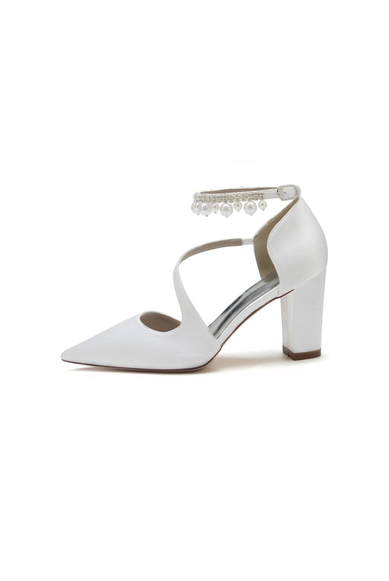 White Satin Heels with Cross - Strap Design and Pearl - Accented Buckle - KissProm