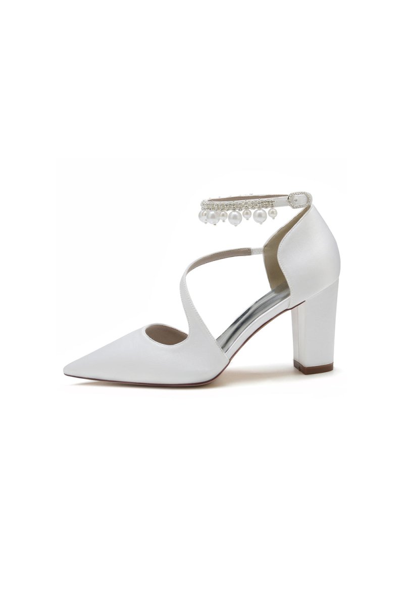 White Satin Heels with Cross - Strap Design and Pearl - Accented Buckle - KissProm