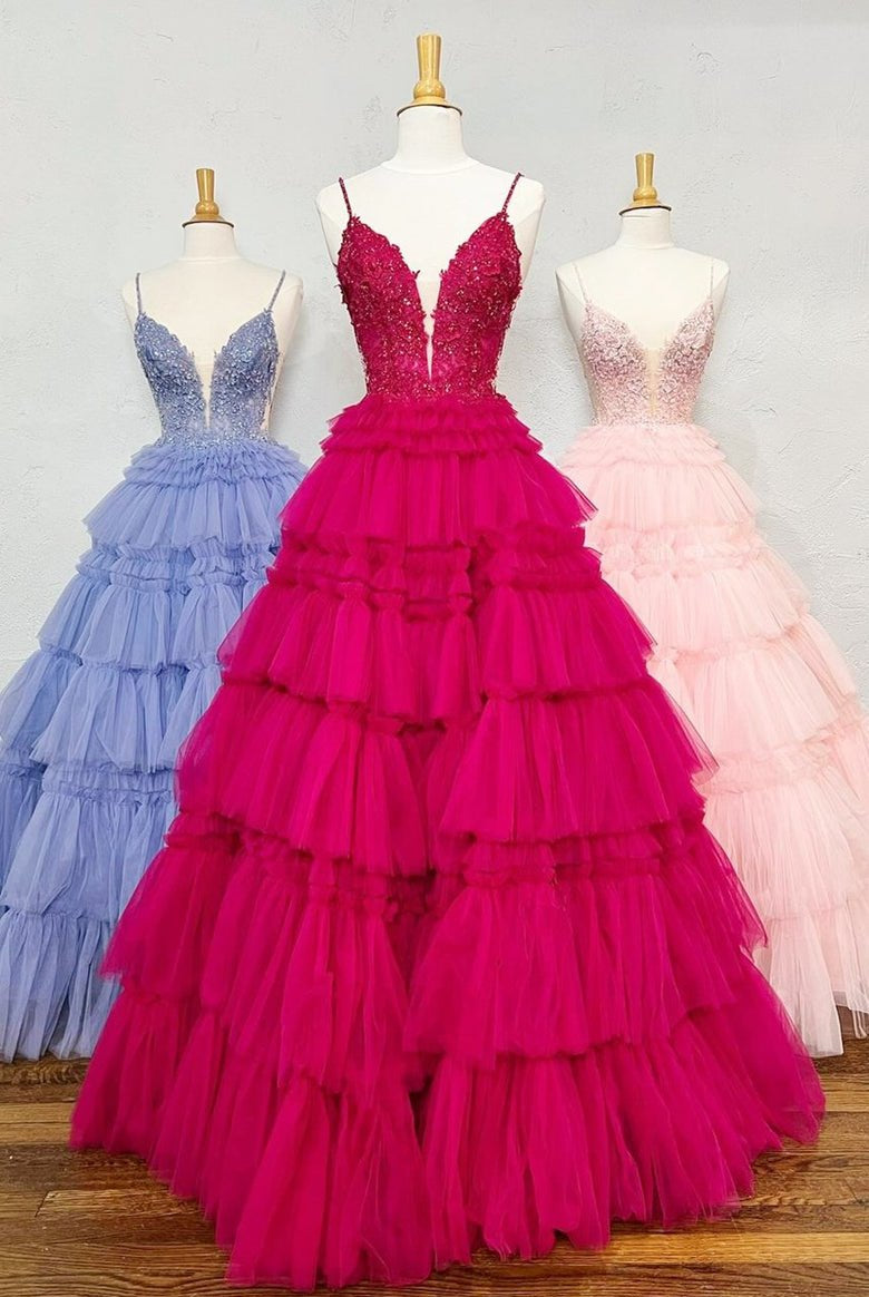 Hadlee | Black Beaded Spaghetti Strap Ruffle Tiered Ball Gown