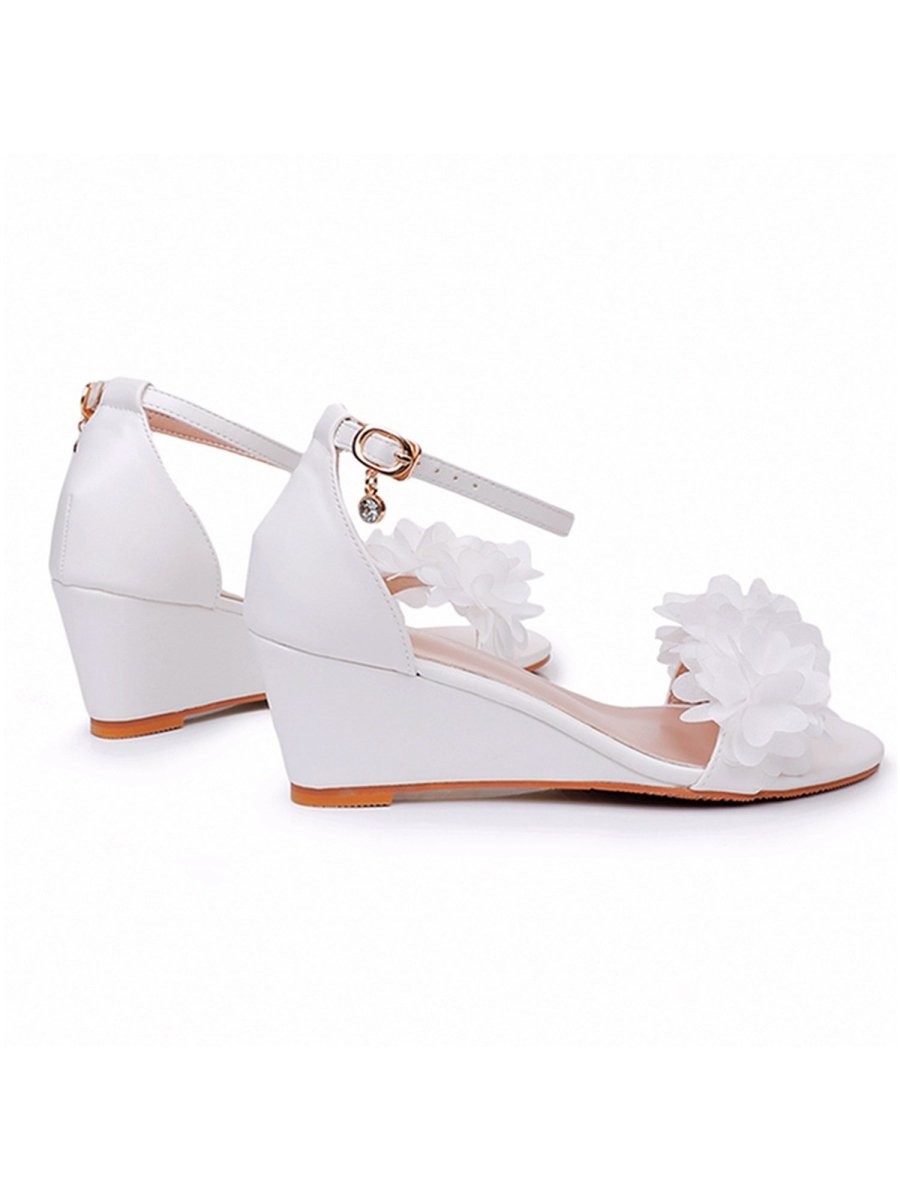 White Floral Open Toe Ankle - Strap Beach Sandals - KissProm
