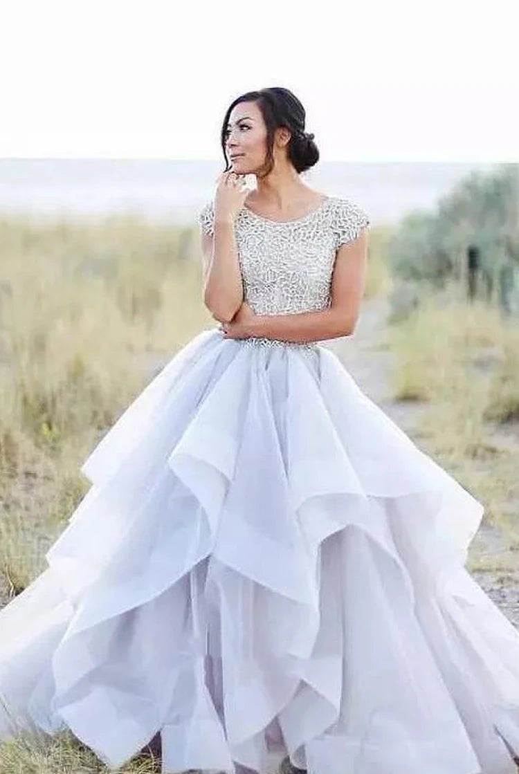 Adorable Country Style Organza Ruffled Cap-sleeve Ball Gown Wedding Dress