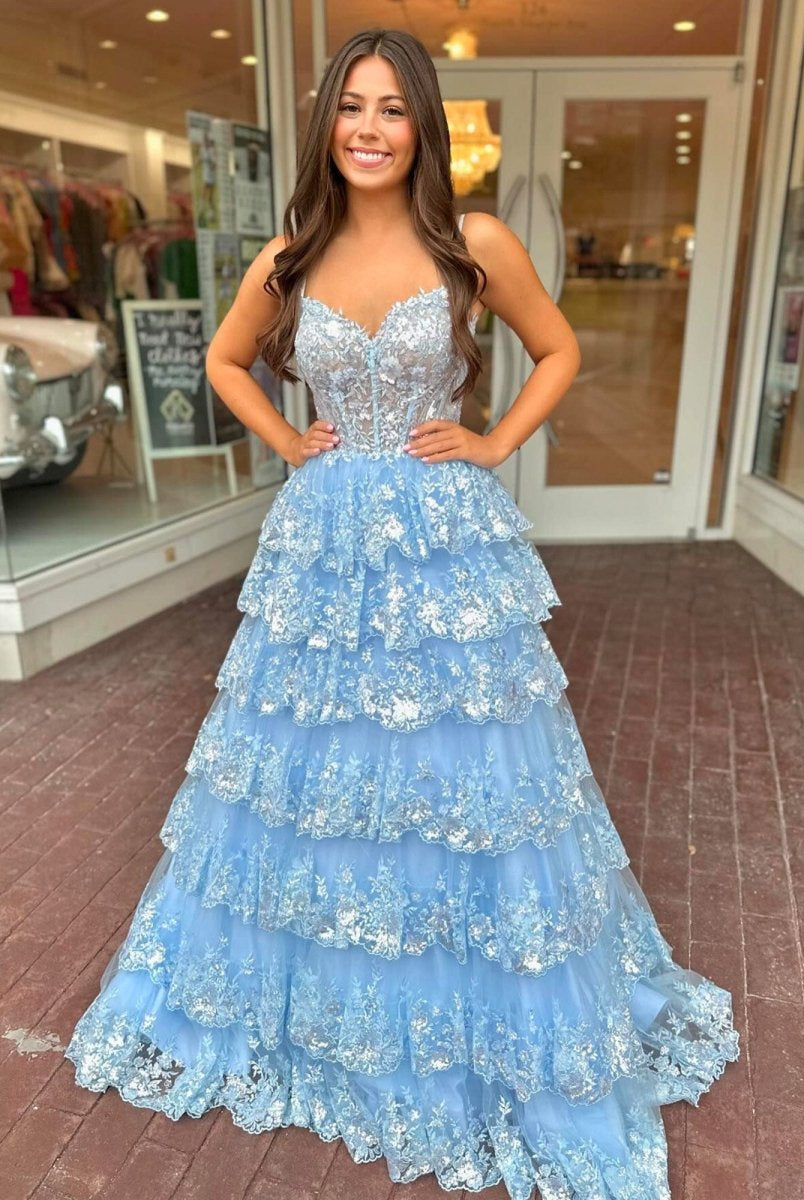 Maryam |A Line Spaghetti Straps Tiered Lace Prom Dress