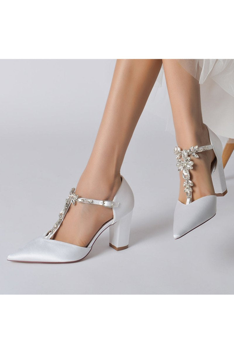 Chic Rhinestone Pointed Toe Ankle Strap Buckle Chunky Heel - KissProm