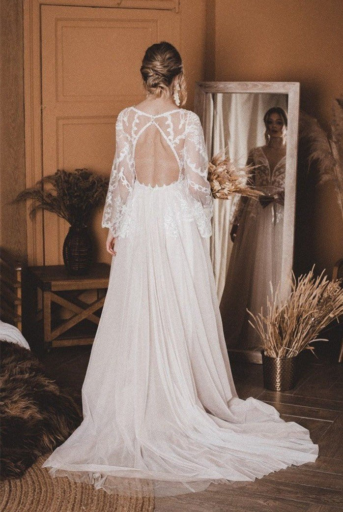 A-Line Lace Top Flare Sleeves Open Back Wedding Dress