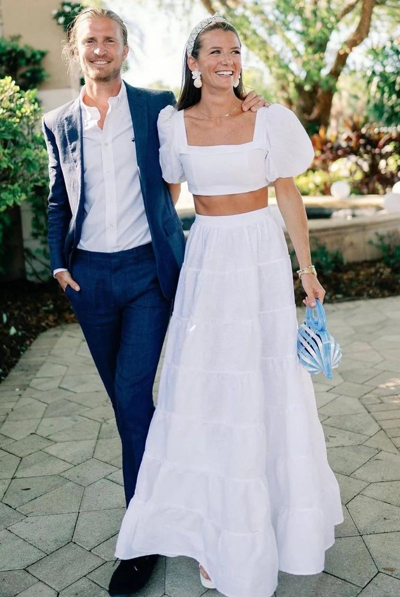 Genevieve | A Line Two Piece Square Neck Satin Long Wedding Dresses