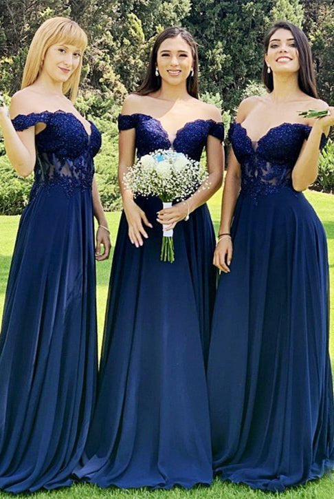 Indigo Lace Off - the - Shoulder A - Line Long Bridesmaid Dress - KissProm