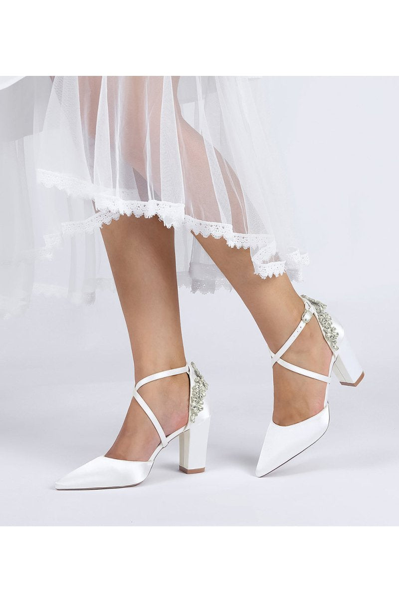 White Satin Pump with Cross - Strap and Metal Accent - KissProm