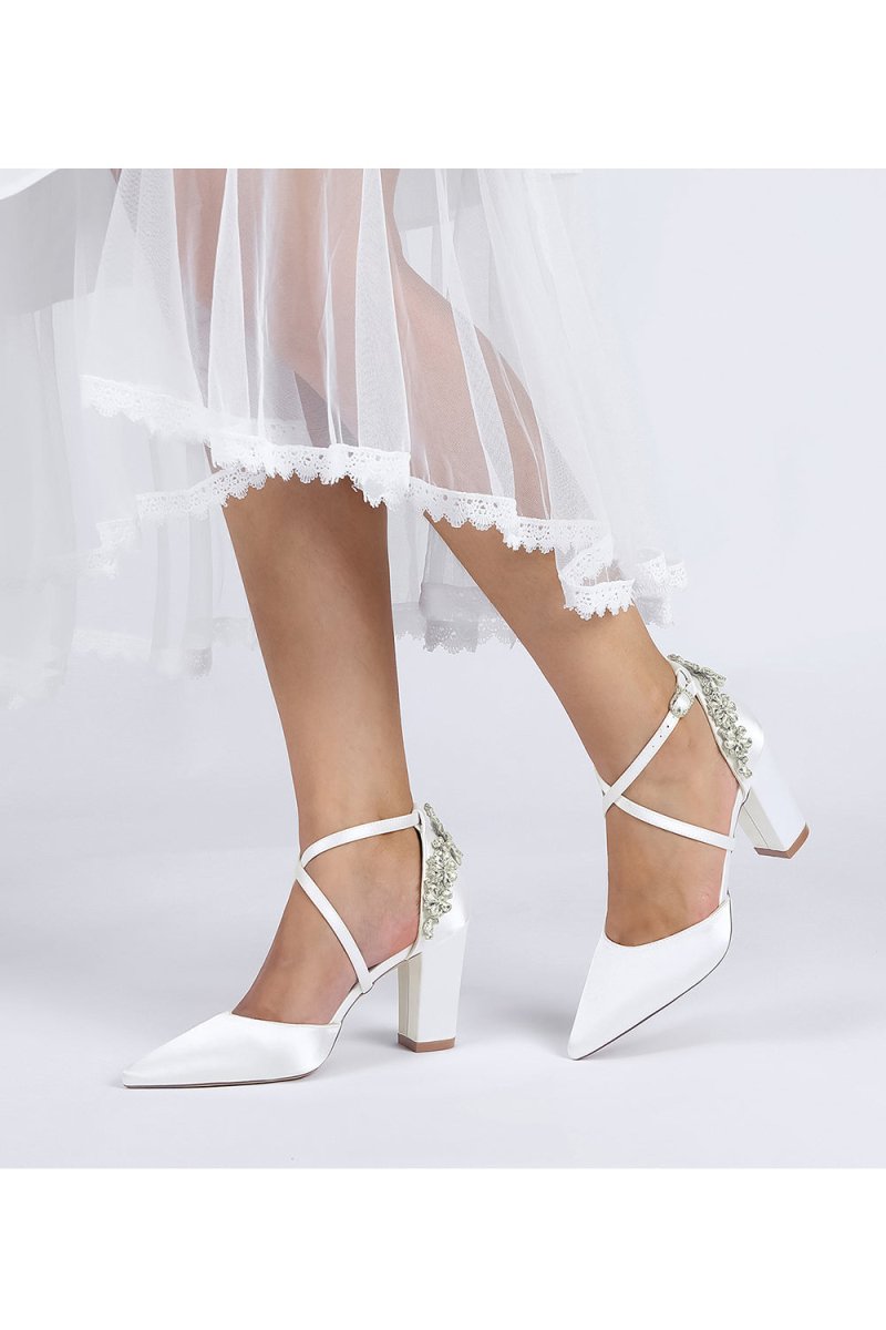 White Satin Pump with Cross - Strap and Metal Accent - KissProm