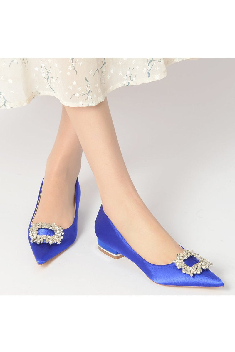 Simple Pointed Toe Satin Kitten Heels With Beading - KissProm