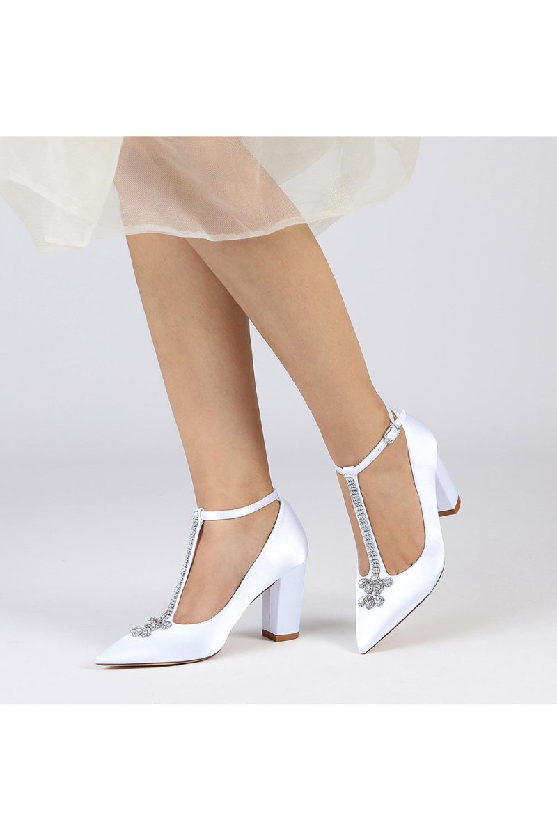 White Leather Pump with Silver Chain and Crystal Accent - KissProm