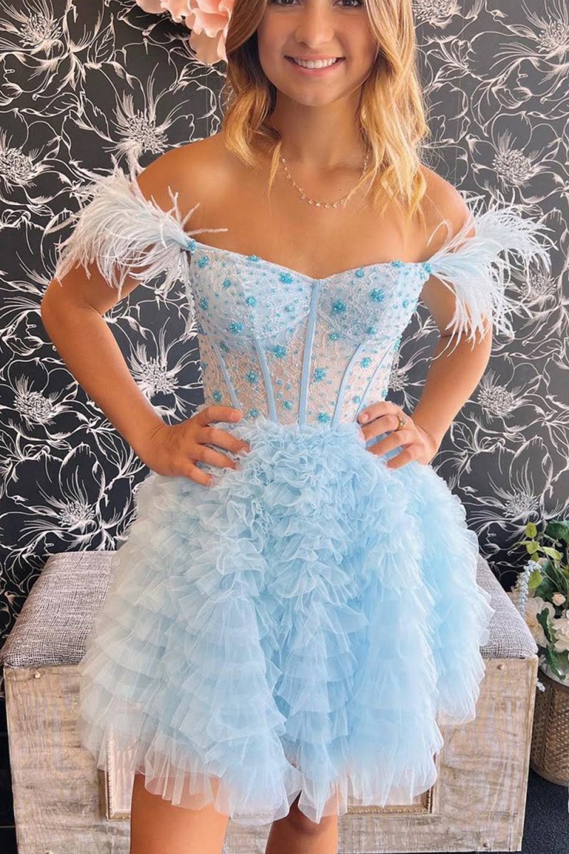 Olivia | A Line Off the Shoulder Light Blue Short Homecoming Dress with Feather, Sky Blue / 00 Olivia | A Line Off the Shoulder Light Blue Short Homecoming Dress with Feather, Sky Blue / 00