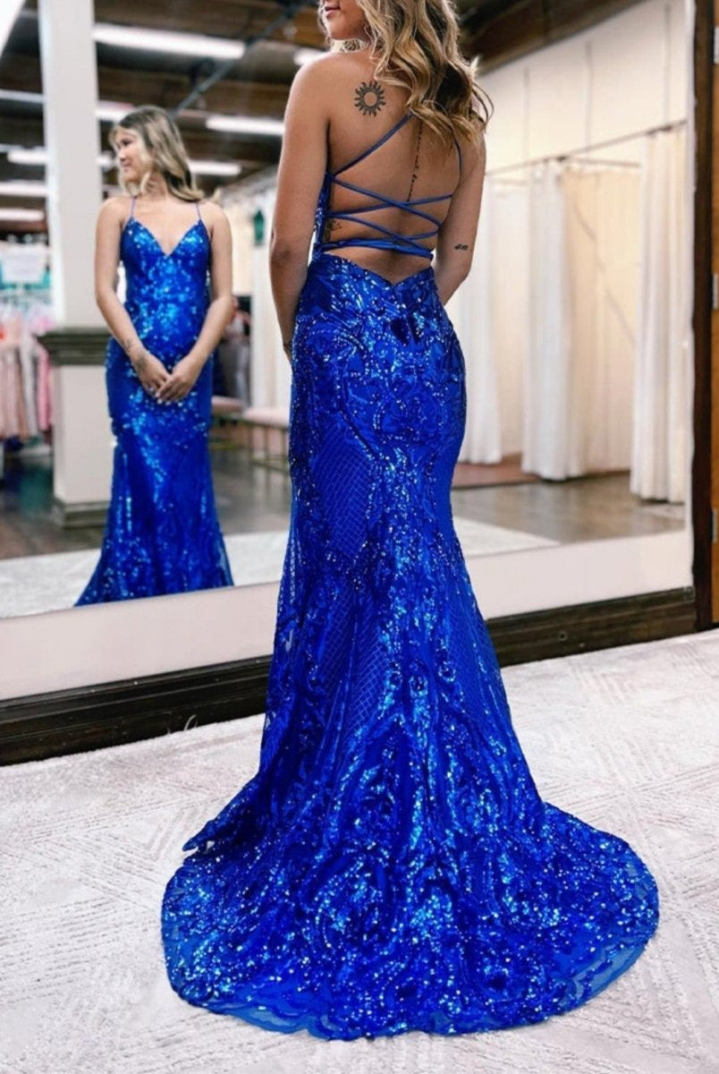 V Neck Pink Glitter Backless Mermaid Bodycon Long Prom Dress