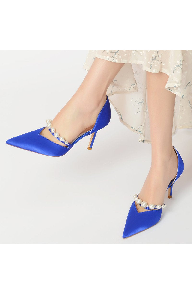 Party Pearl Strap Pointed Toe Satin High Heels - KissProm