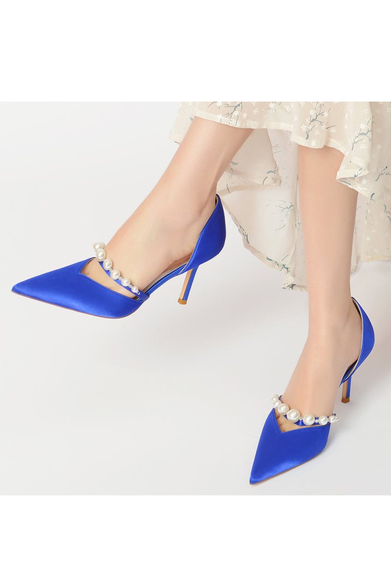 Party Pearl Strap Pointed Toe Satin High Heels - KissProm