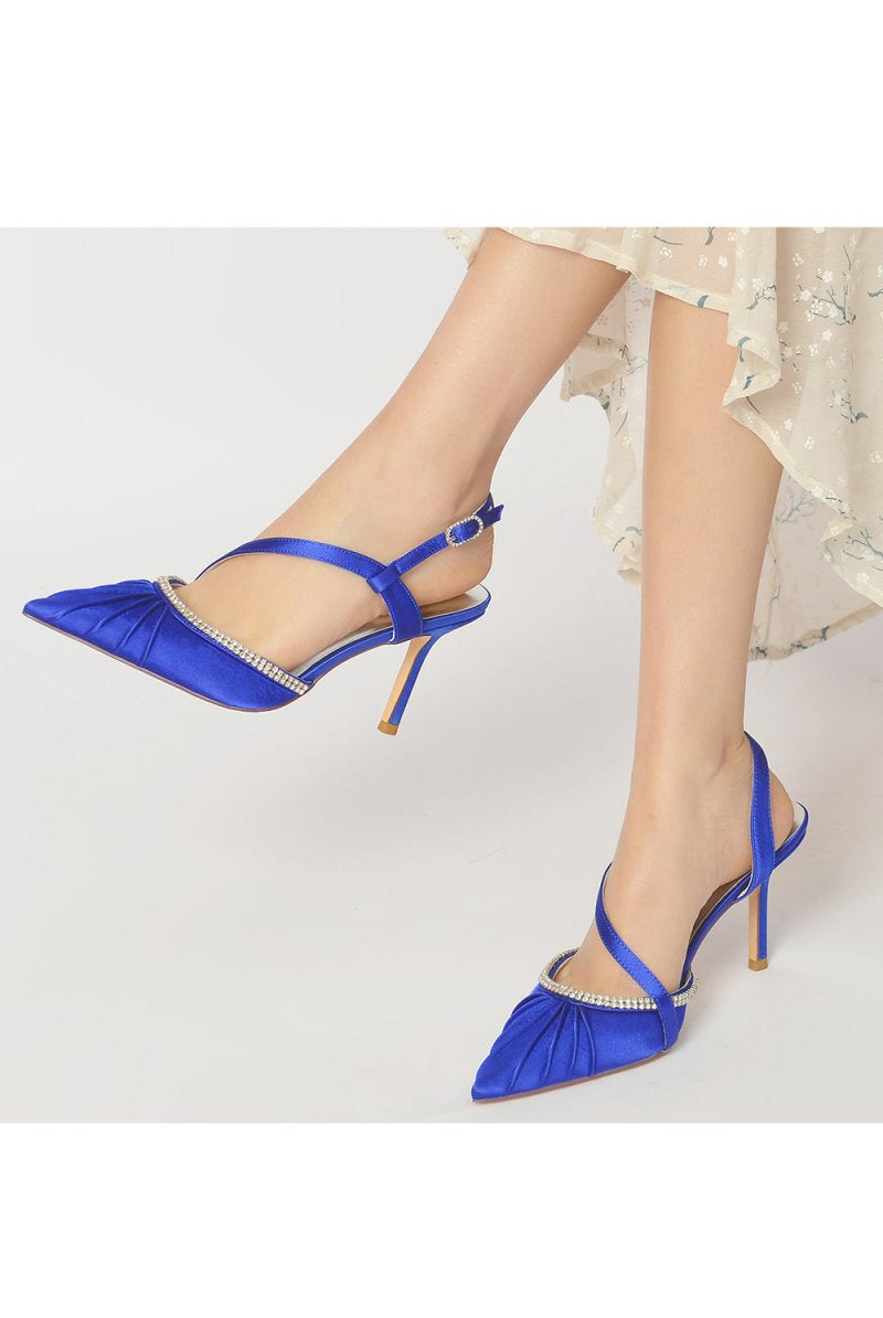 Pointed Toe Ankle Strap Crystal Heels - KissProm