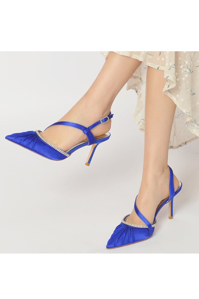 Pointed Toe Ankle Strap Crystal Heels - KissProm