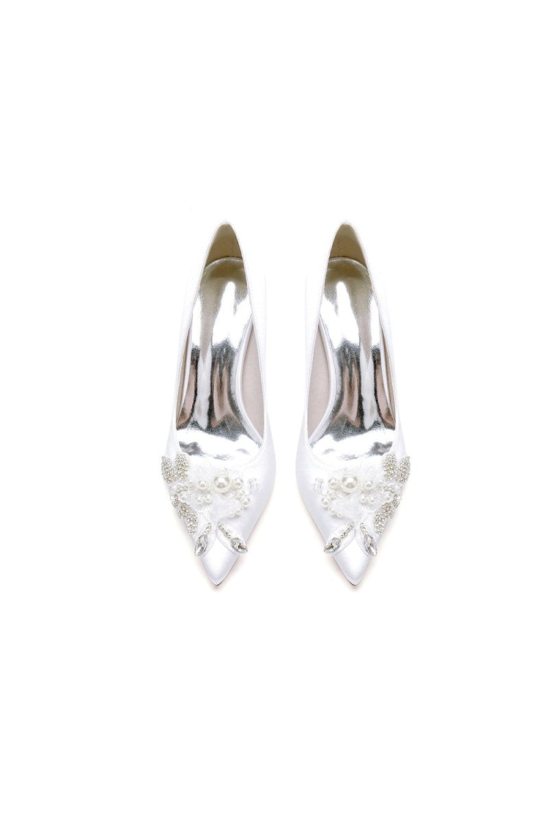 Pointed Toe Satin Bridal Heels with Crystal Flower - KissProm