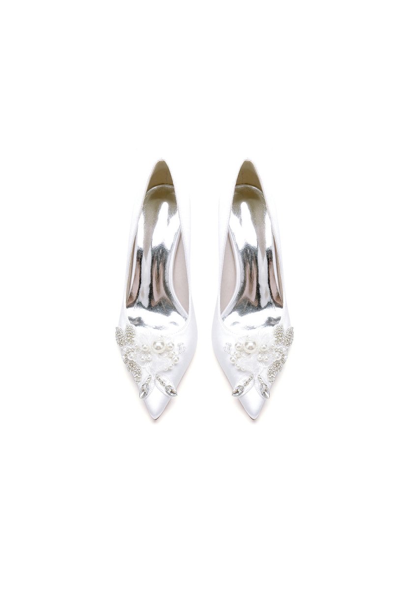 Pointed Toe Satin Bridal Heels with Crystal Flower - KissProm