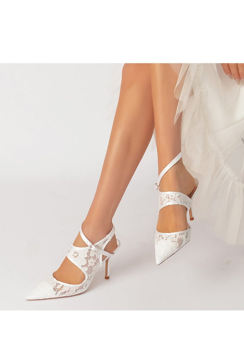 White Bridal Heels with Lace Appliques - KissProm