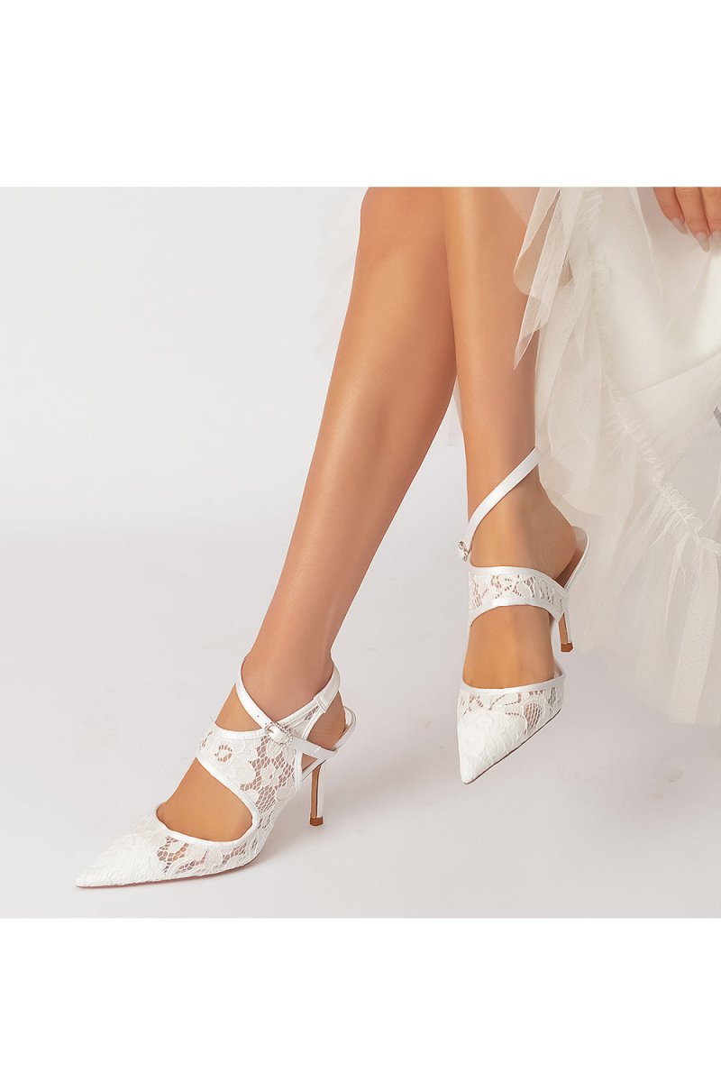 White Bridal Heels with Lace Appliques - KissProm