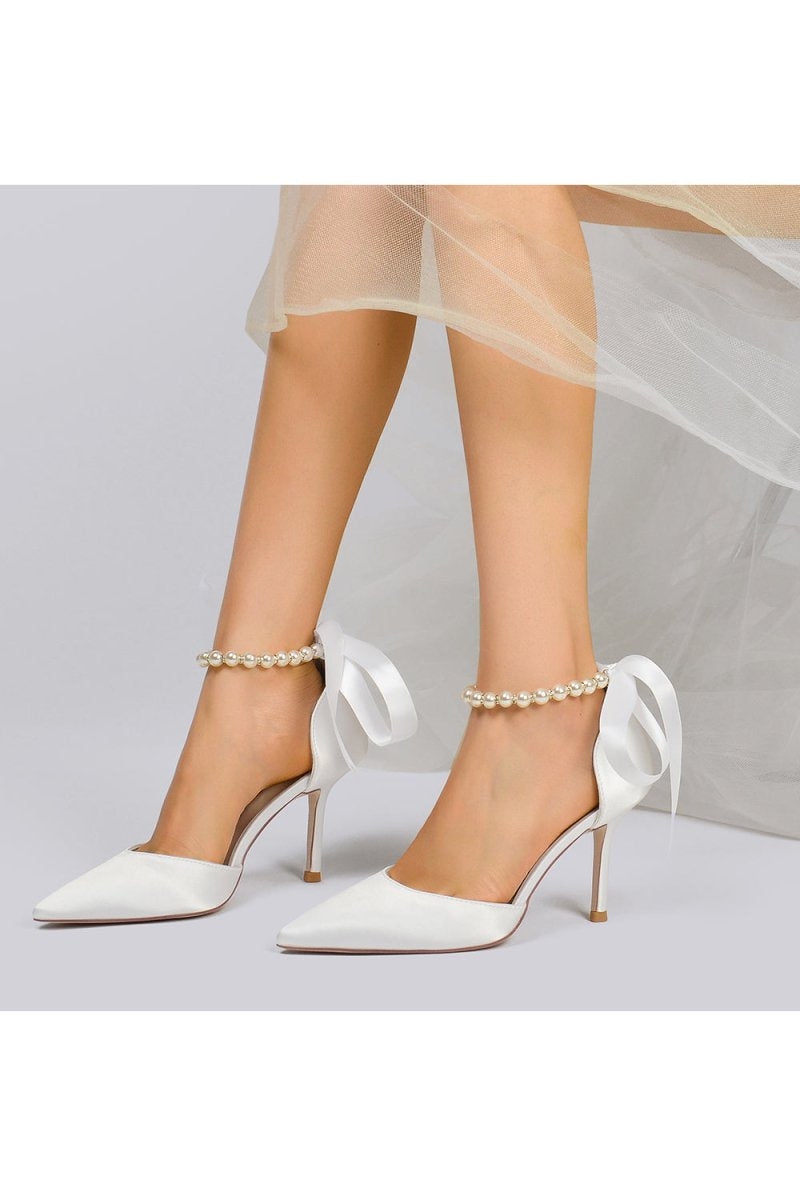 Pointed Toe Pearl Strap Ribbon Tie High Heel - KissProm