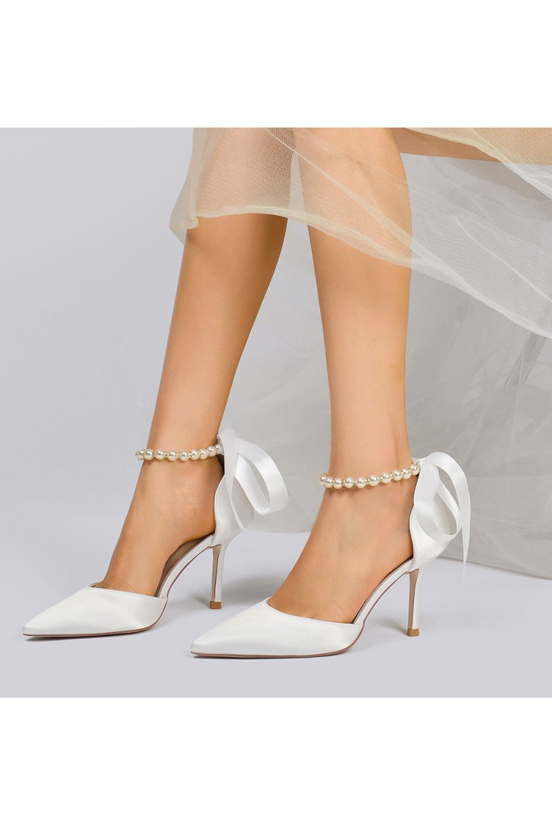 Pointed Toe Pearl Strap Ribbon Tie High Heel - KissProm