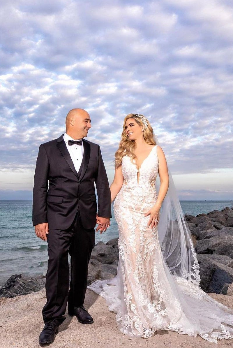 Mermaid V Neck Tulle Wedding Dresses with Train - KissProm