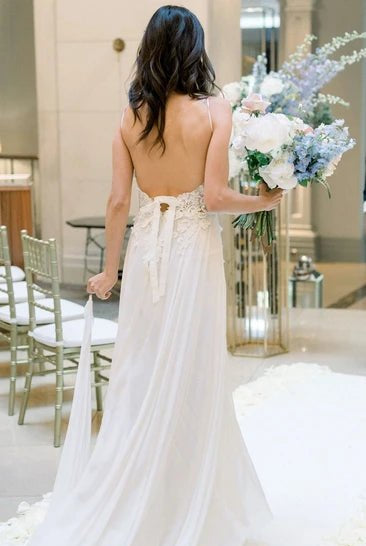 Spaghetti A-Line Lace Bohemian Wedding Dress With Open Back And Split Front