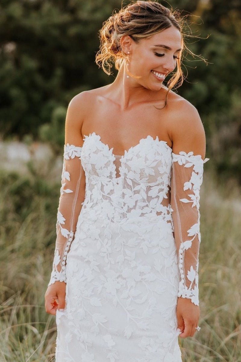 Mermaid Sweetheart Tulle Appliques Wedding Dresses with Sleeves, Diamond White / 6 Mermaid Sweetheart Tulle Appliques Wedding Dresses with Sleeves, Diamond White / 6
