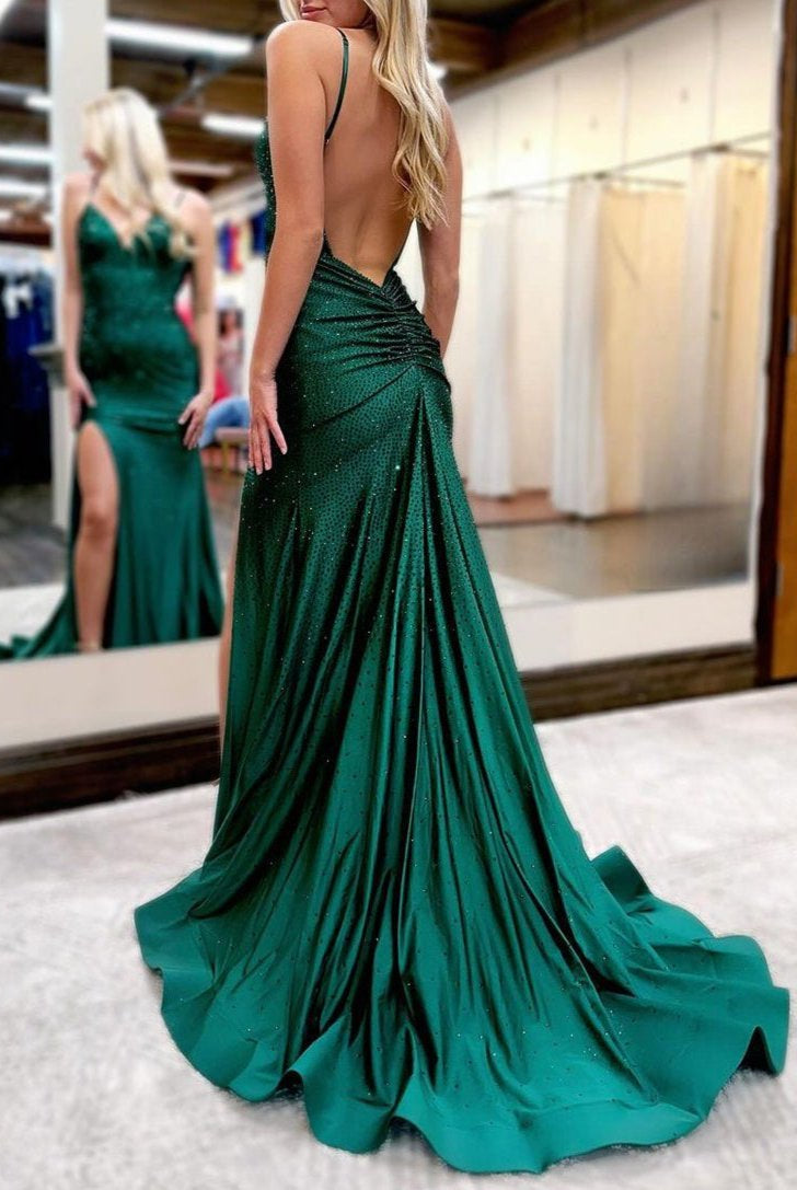 Royal Blue Beaded V Neck Mermaid Long Prom Dresses with Slit