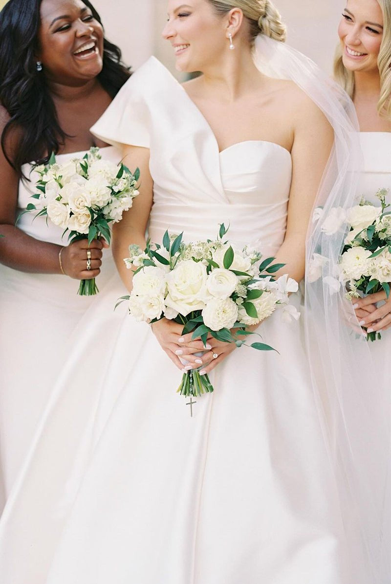 Elegant A - Line One Shoulder White Satin Wedding Dresses - KissProm