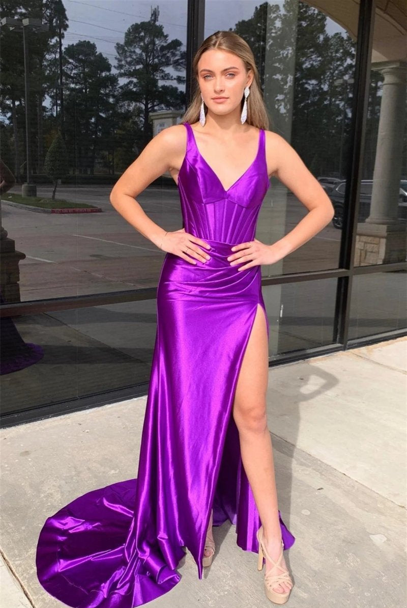 Lara | Grape Mermaid Satin V Neck Long Prom Dress with Slit