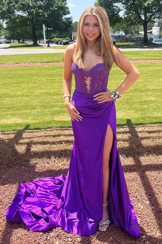 KissProm-Aeth Purple Strapless Lace Mermaid Long Prom Dresses With Slit