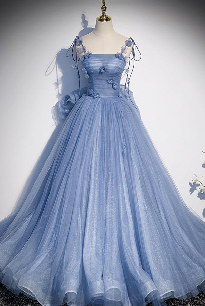 Karla | Blue Tulle Long A-Line Prom Dress Blue Spaghetti Straps Party Dress with Bow