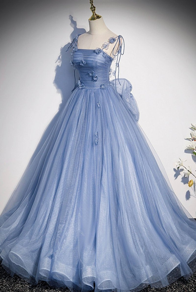 Karla | Blue Tulle Long A-Line Prom Dress Blue Spaghetti Straps Party Dress with Bow