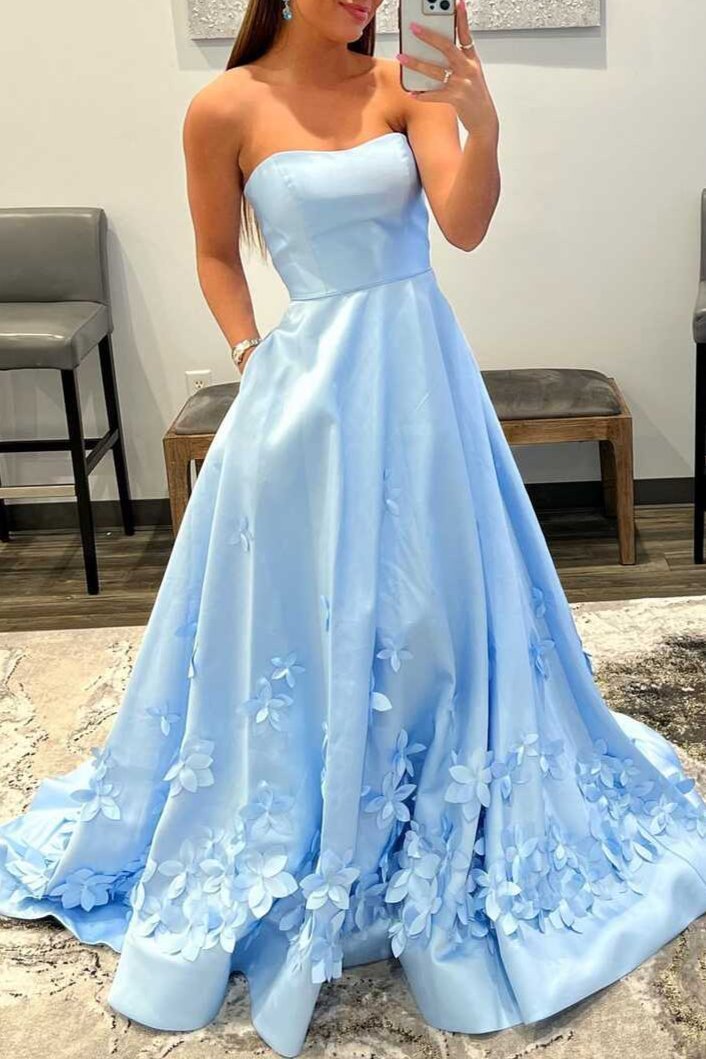 3D Flower Light Blue Strapless A - Line Prom Dress - KissProm