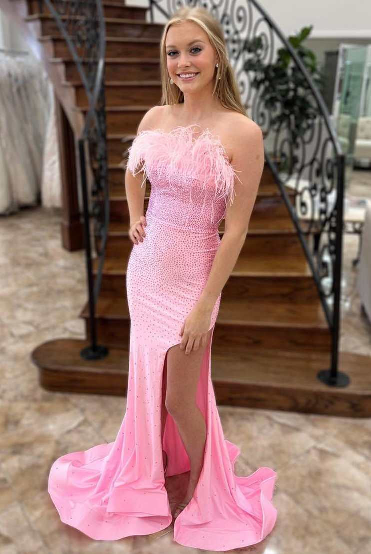Pink Beaded Feather Strapless Lace - Up Mermaid Long Prom Dress - KissProm