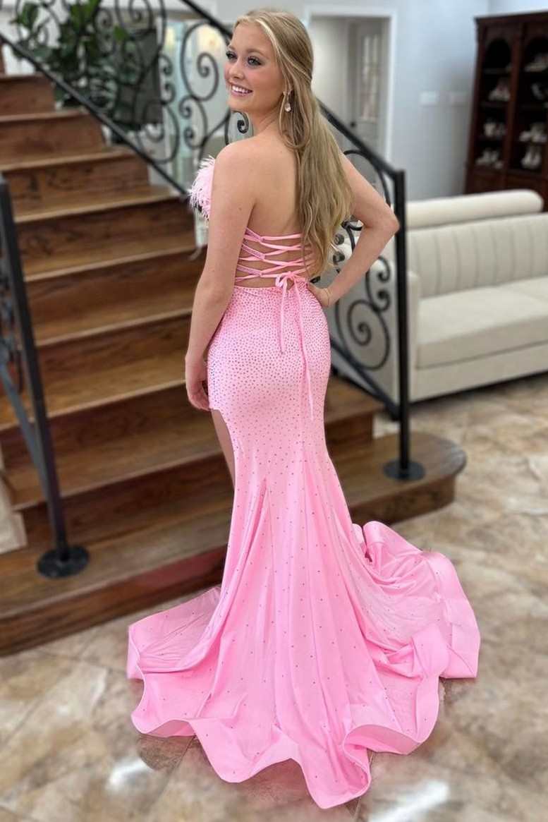 Pink Beaded Feather Strapless Lace - Up Mermaid Long Prom Dress - KissProm