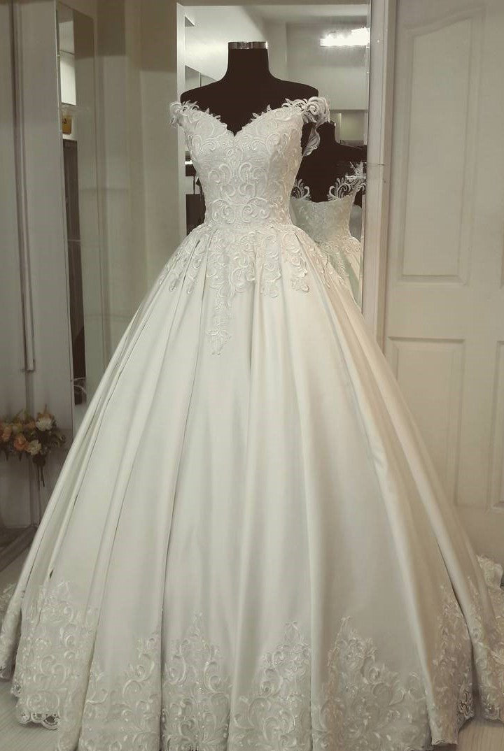 Jenesis | A - Line Off - the - Shoulder Ivory Wedding Gown with Appliques - KissProm